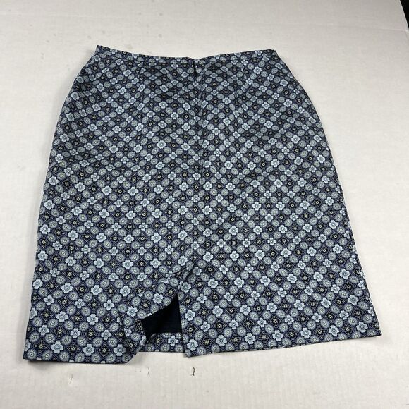 Ann Taylor Silk Pencil Skirt Blue Black Geometric Print 6P Petite Work Career - Picture 8 of 10